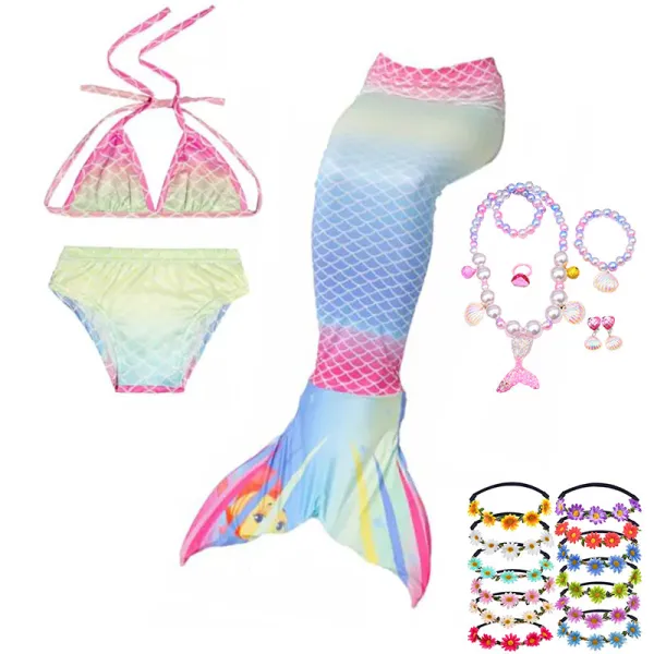 3PCS Kid Girls Ombre Scale Mermaid Tail Bikini Sets Swimwear With Free Garland Color Random