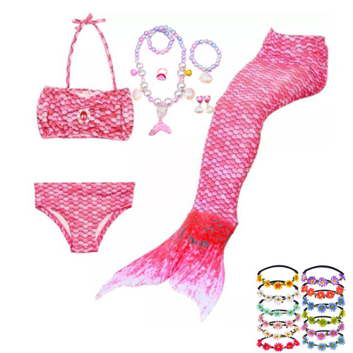 3PCS Kid Pink Girls Mermaid Tail For Fancy Princess Bikini Swimsuit With Free Garland Color Random
