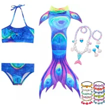 3PCS Kid Girls Peacock Green Mermaid Tail Bikini Swimsuit With Free Garland Color Random