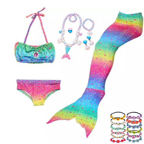 3PCS Kid Rainbow Colorful Girls Mermaid Tail For Fancy Princess Bikini Swimsuit With Free Garland Color Random