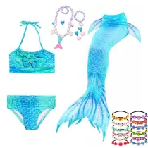 3PCS Kid Girls Bowknot Gemstone Blue Mermaid Tail Bikini Swimsuit With Free Garland Color Random