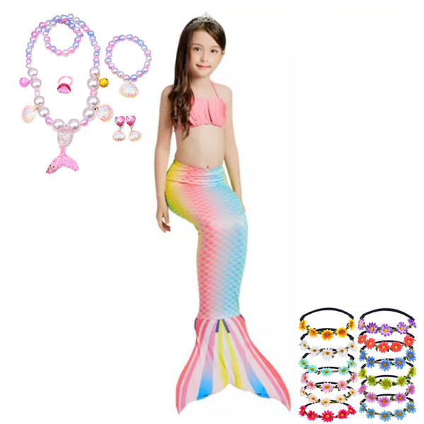 3PCS Kid Girls Ombre Scale Mermaid Tail Shell Bikini Sets Swimwear With Free Garland Color Random