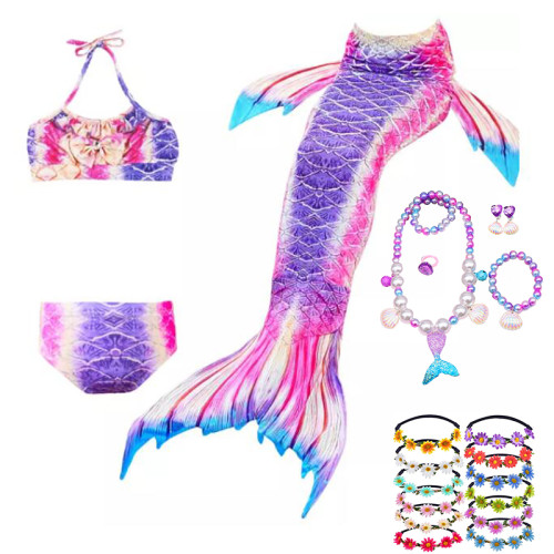 3PCS Kid Girls Omber Purple Mermaid Tail Bikini Swimsuit With Free Garland Color Random