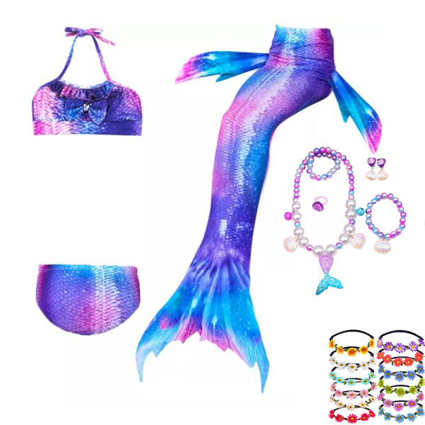 3PCS Kid Girls Bowknot Gemstone Purple Mermaid Tail Bikini Swimsuit With Free Garland Color Random