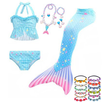 3PCS Kid Girls Blue Stars Mermaid Tail Ruffles Bikini Sets Swimsuit With Free Garland Color Random