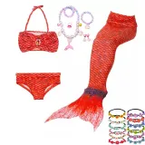 3PCS Kid Red Colorful Girls Mermaid Tail For Fancy Princess Bikini Swimsuit With Free Garland Color Random