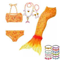 3PCS Kid Orange Colorful Girls Mermaid Tail For Fancy Princess Bikini Swimsuit With Free Garland Color Random