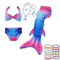 3PCS Kid Girls Strap Matching Color Scales Mermaid Tail Bikini Sets Swimwear With Free Garland Color Random