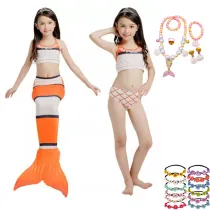 3PCS Kid Girls Clownfish Mermaid Tail Bikini Sets Swimwear With Free Garland Color Random