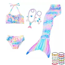 3PCS Kid Girls Rainbow Pink Bowknot Mermaid Tail Bikini Swimsuit With Free Garland Color Random