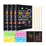 10Sheets Splendid Magic Scratch Art Drawing Boards with 4 Wooden Stylus for Kids DIY Rainbow Paper