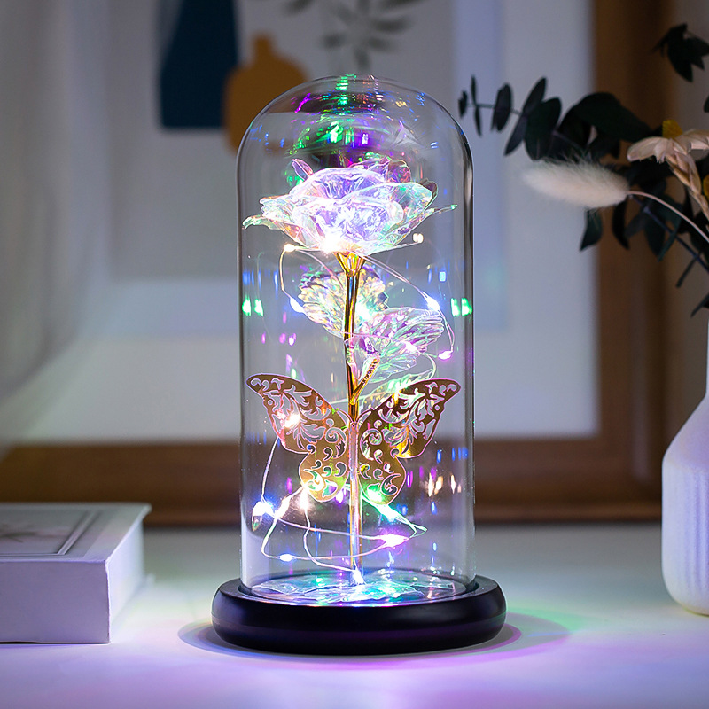 LED Eternal Butterfly Flower Glass Cover Rose Gold Foil Gifts