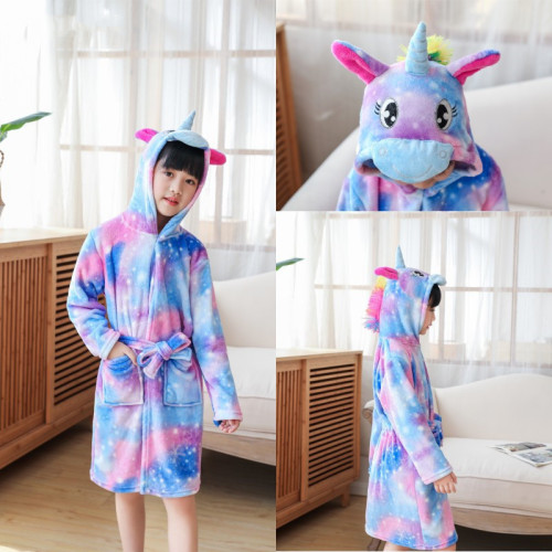 Kids Colorful Stars Unicorn Soft Bathrobe Sleepwear Fannel Comfortable Loungewear