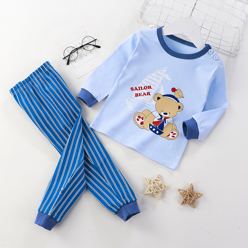 Toddler Kid Boys Print Sailor Bear Pajamas Sleepwear Set Long Sleeves Cotton Pjs