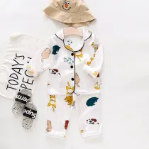 Toddler Kid Boys Print Cats Long Sleeves Pajamas Rayon Silk Sleepwear Set