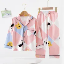 Toddler Girl Kids Print Lattice Bear Long Sleeves Pajamas Cotton Sleepwear Set