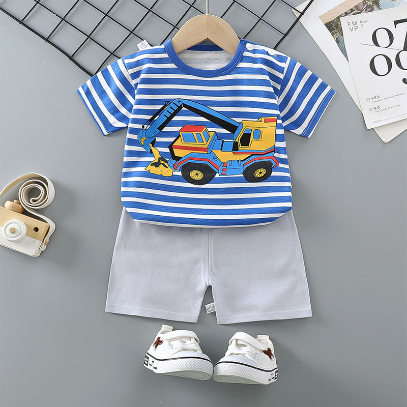 Toddler Kids Boy Stripe Engineering Vehicle Short Pajamas Sleepwear Set Cotton Pjs