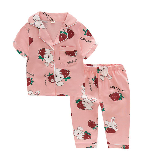 Toddler Kids Girl Strawberry Rabbit Summer Short Sleeves And Long Pants Sleepwear Set Cotton Pjs