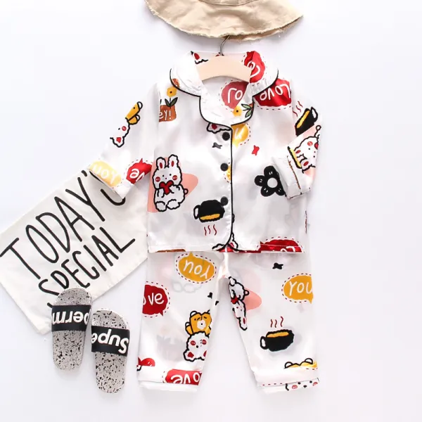 Toddler Kid Boys Print Rabbit Flower Long Sleeves Pajamas Rayon Silk Sleepwear Set