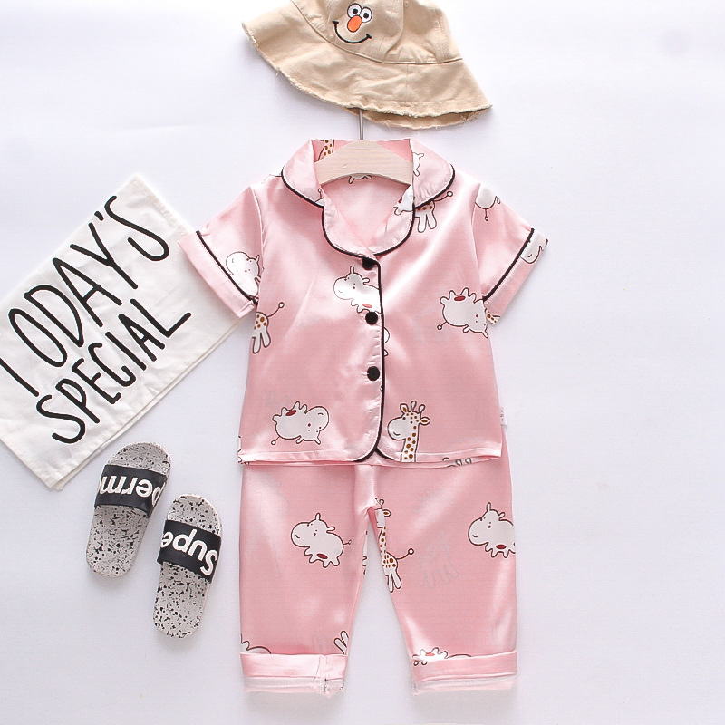Toddler Kids Girl Prints Cute Giraffe Summer Short Pajamas Rayon Silk Sleepwear Sets