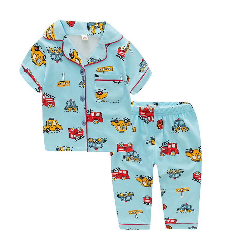 Toddler Kids Boy Car Vehicle Short Sleeves And Long Pants Sleepwear Set Cotton Pjs
