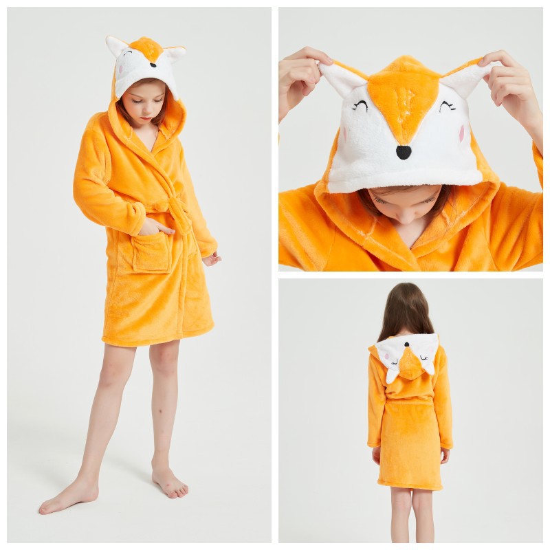 Kids Yellow Fox Soft Bathrobe Sleepwear Fannel Comfortable Loungewear