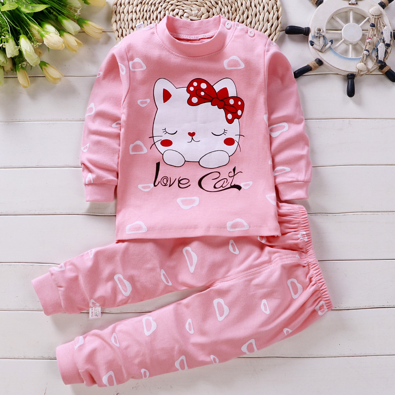 Toddler Kids Girl Prints Cute Cat Long Sleeves Pajamas Cotton Sleepwear Set