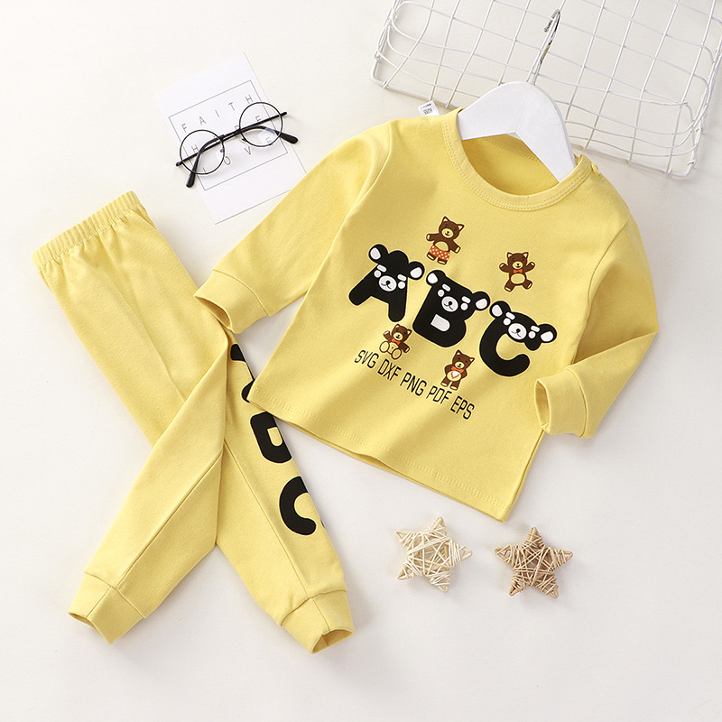Toddler Kid Boys Print ABC Bear Pajamas Sleepwear Set Long Sleeves Cotton Pjs
