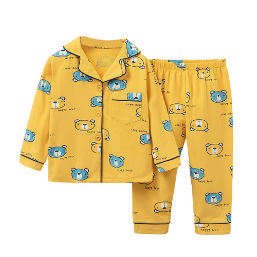 Toddler Kid Boys Prints Happy Bear Long Sleeves Pajamas Rayon Silk Sleepwear Set