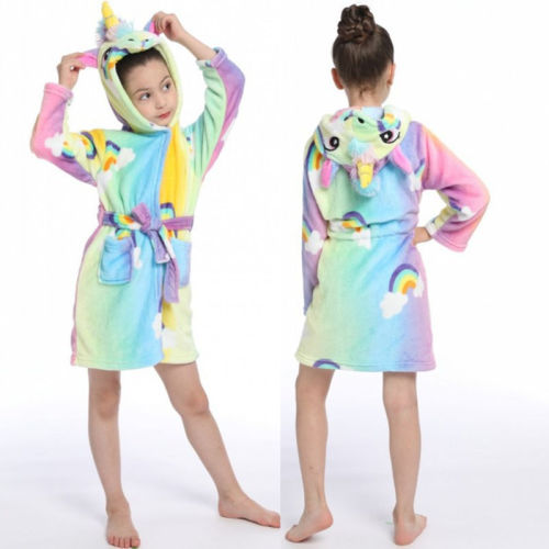 Kids Colorful Rainbows Clouds Unicorn Soft Bathrobe Sleepwear Fannel Comfortable Loungewear