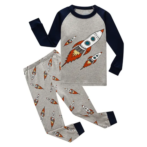 Toddler Kid Boys Print Rocket Pajamas Sleepwear Set Long Sleeves Cotton Pjs