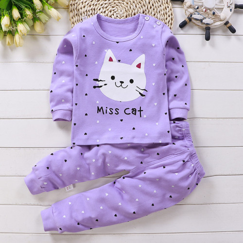 Toddler Kids Girl Prints Cute Cat Long Sleeves Pajamas Cotton Sleepwear Set