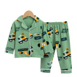 Toddler Kid Boys Prints Engineering Vehicle Long Sleeves Pajamas Rayon Silk Sleepwear Set