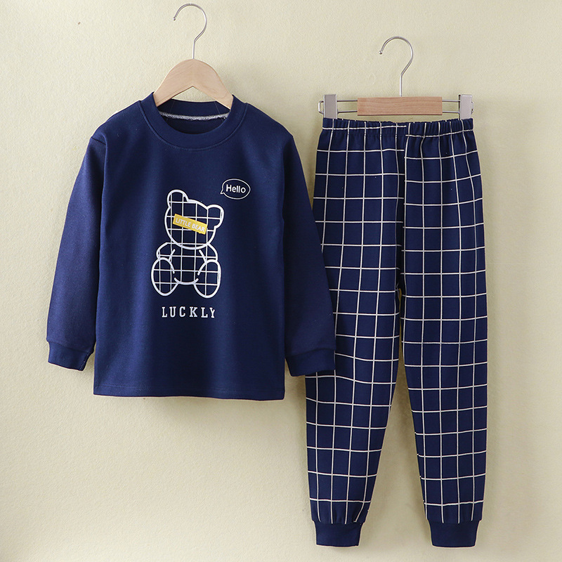 Toddler Kid Boys Print Lattice Bear Pajamas Sleepwear Set Long Sleeves Cotton Pjs