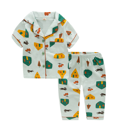 Toddler Kids Boy Huose Rabbit Short Sleeves And Long Pants Sleepwear Set Cotton Pjs