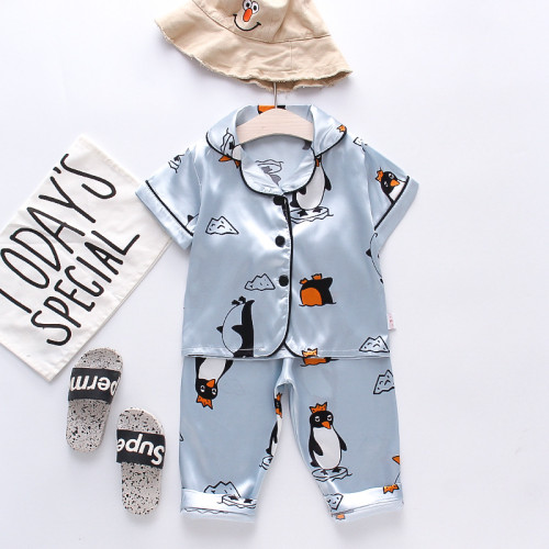 Toddler Kids Boy Print Penguin Short Sleeves Pajamas Rayon Silk Sleepwear Set