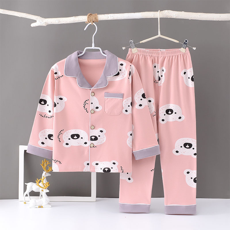 Toddler Girl Kids Print Cute Bear Long Sleeves Pajamas Cotton Sleepwear Set