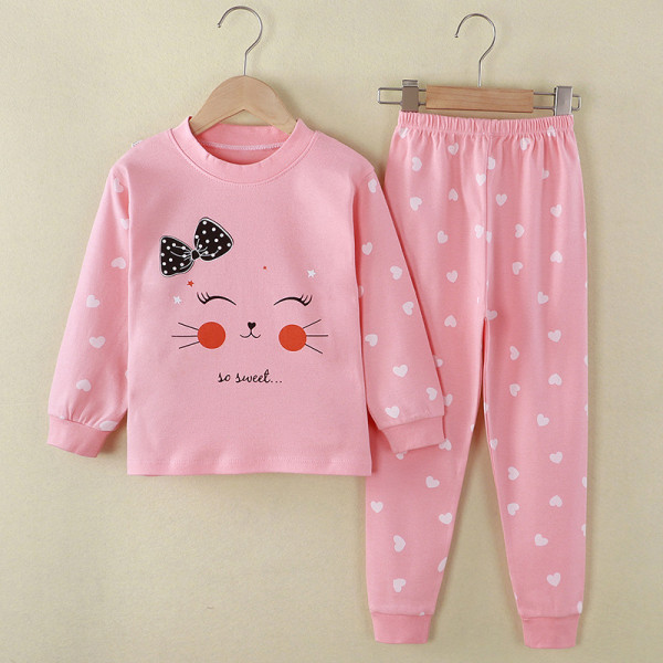 Toddler Girl Kids Pink Sweet Smile Cat Bowknot Long Sleeves Pajamas Cotton Sleepwear Set