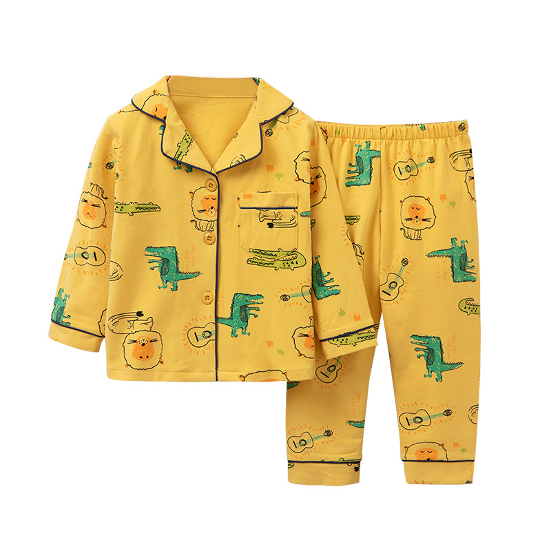 Toddler Kid Boys Prints Crocodile Lions Long Sleeves Pajamas Rayon Silk Sleepwear Set