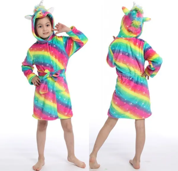 Kids 3 Colorful Rainbow Stars Unicorn Soft Bathrobe Sleepwear Fannel Comfortable Loungewear