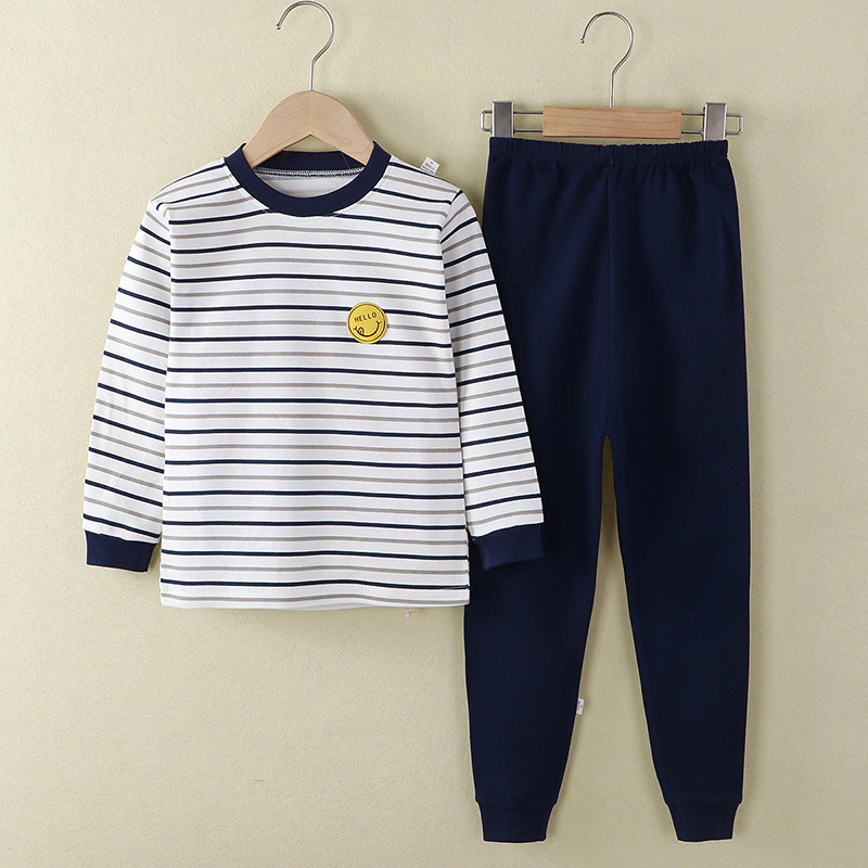 Toddler Kid Boys Print Stripe Smile Pajamas Sleepwear Set Long Sleeves Cotton Pjs