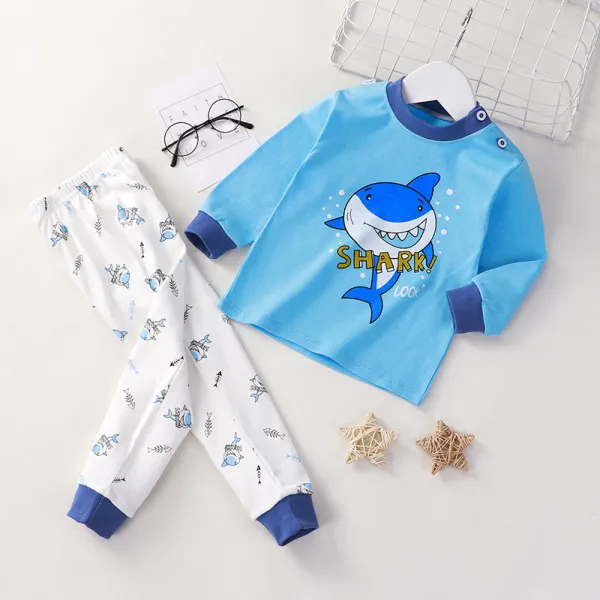 Toddler Kid Boys Print Shark Pajamas Sleepwear Set Long Sleeves Cotton Pjs
