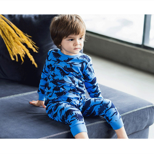 Toddler Kid Boys Print Navy Dinosaur Pajamas Sleepwear Set Long Sleeves Cotton Pjs