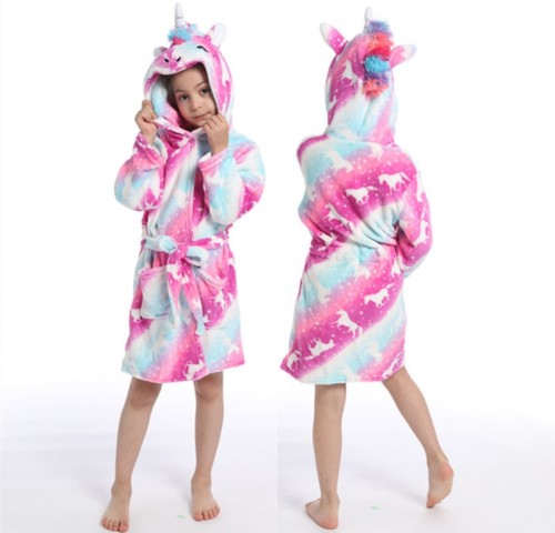 Kids Red Fish Scales Unicorns Soft Bathrobe Sleepwear Fannel Comfortable Loungewear