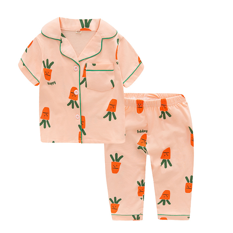 Toddler Kids Girl Smiling Carrot Summer Short Sleeves And Long Pants Sleepwear Set Cotton Pjs