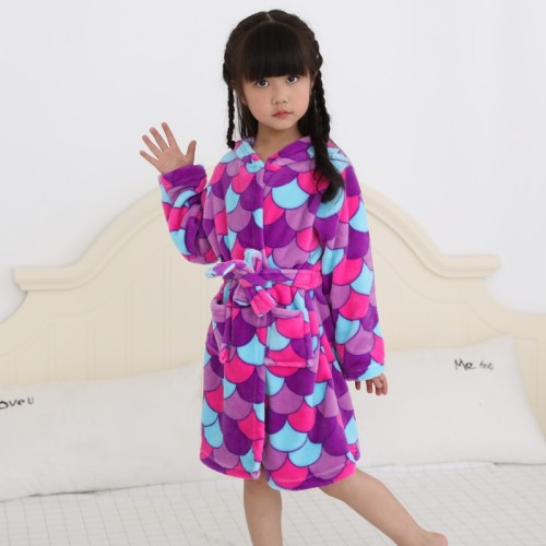 Kids Purple Fish Scale Unicorn Soft Bathrobe Sleepwear Fannel Comfortable Loungewear