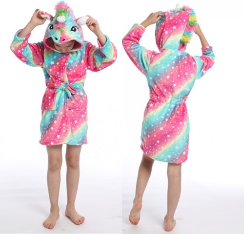 Kids 3 Colorful Rainbow Stars Unicorn Soft Bathrobe Sleepwear Fannel Comfortable Loungewear