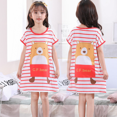Kid Girls Print Stripe Bear Short Sleeves Sleepwear Dresses