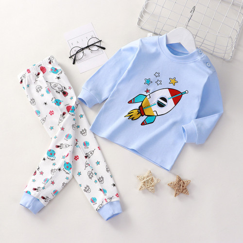 Toddler Kid Boys Print Space Rocket Planets Pajamas Sleepwear Set Long Sleeves Cotton Pjs