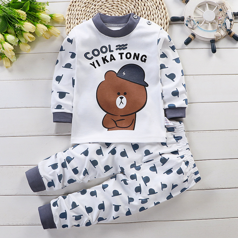 Toddler Kid Boys Print Blue Hat Bear Pajamas Sleepwear Set Long Sleeves Cotton Pjs